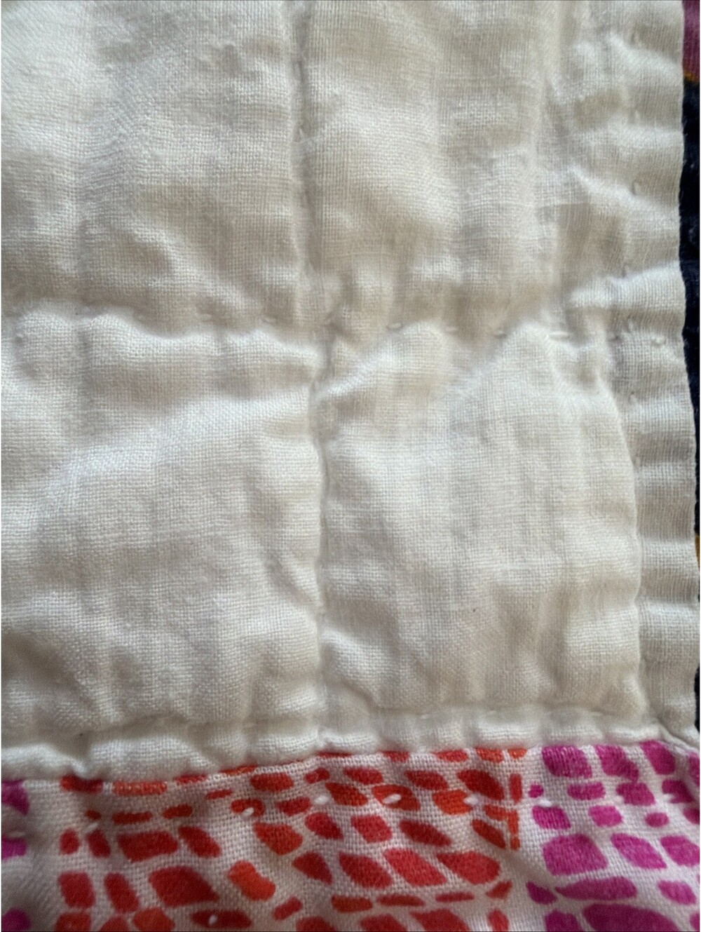 VTG 1970s Quilt Hand Stitched Squares Awesome Retro Fabrics Colorful 56x77” - Picture 7 of 15